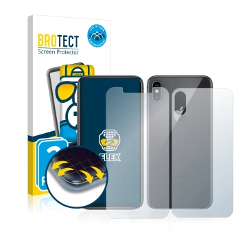 Vorderseite einer Produktverpackung mit dem Markenlogo BROTECT. Daneben ist das Gerät Apple iPhone Xs (Display+Rückseite) mit 