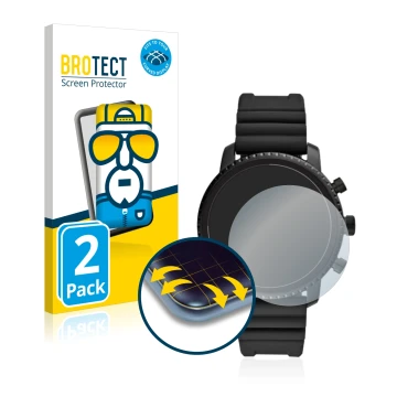 Vorderseite einer Produktverpackung mit dem Markenlogo BROTECT. Daneben ist das Gerät Fossil Q Explorist HR (4.Gen) mit dem zu