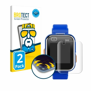Vorderseite einer Produktverpackung mit dem Markenlogo BROTECT. Daneben ist das Gerät Vtech Kidizoom Smart Watch DX2 mit dem z