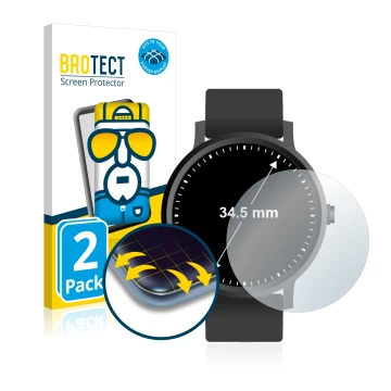 Vorderseite einer Produktverpackung mit dem Markenlogo BROTECT. Daneben ist das Gerät Armbanduhren (Kreisrund, ø: 34.5 mm) mit