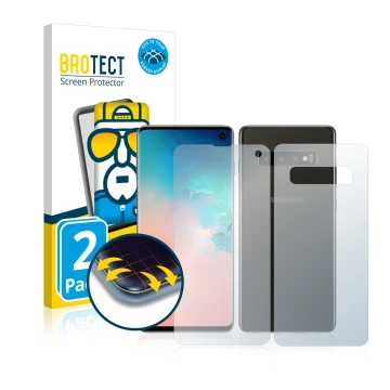 Vorderseite einer Produktverpackung mit dem Markenlogo BROTECT. Daneben ist das Gerät Samsung Galaxy S10 (Display+Rückseite) m