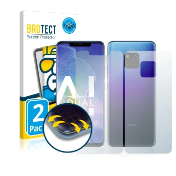 Vorderseite einer Produktverpackung mit dem Markenlogo BROTECT. Daneben ist das Gerät Huawei Mate 20 Pro (Display+Rückseite) m