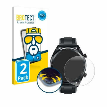 Vorderseite einer Produktverpackung mit dem Markenlogo BROTECT. Daneben ist das Gerät Huawei Watch GT (46 mm) 2018 mit dem zug