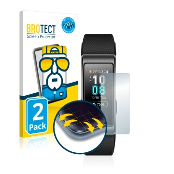 Vorderseite einer Produktverpackung mit dem Markenlogo BROTECT. Daneben ist das Gerät Huawei Band 3 Pro mit dem zugehörigen Di