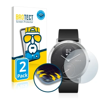 Vorderseite einer Produktverpackung mit dem Markenlogo BROTECT. Daneben ist das Gerät Withings Steel HR (40 mm) mit dem zugehö