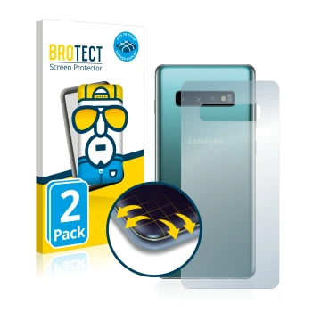 Vorderseite einer Produktverpackung mit dem Markenlogo BROTECT. Daneben ist das Gerät Samsung Galaxy S10 Plus (Rückseite) mit 