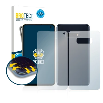 Vorderseite einer Produktverpackung mit dem Markenlogo BROTECT. Daneben ist das Gerät Samsung Galaxy S10e (Display+Rückseite) 