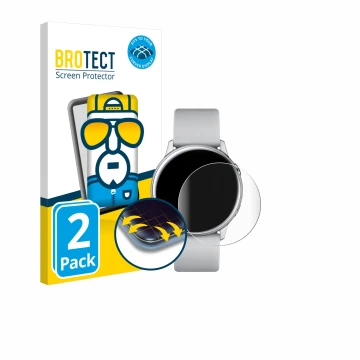 Vorderseite einer Produktverpackung mit dem Markenlogo BROTECT. Daneben ist das Gerät Samsung Galaxy Watch Active mit dem zuge