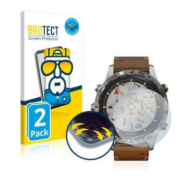 Vorderseite einer Produktverpackung mit dem Markenlogo BROTECT. Daneben ist das Gerät Garmin Marq Adventurer mit dem zugehörig