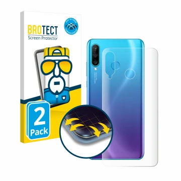 Vorderseite einer Produktverpackung mit dem Markenlogo BROTECT. Daneben ist das Gerät Huawei P30 lite (Rückseite) mit dem zuge