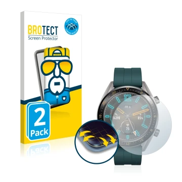 Vorderseite einer Produktverpackung mit dem Markenlogo BROTECT. Daneben ist das Gerät Huawei Watch GT Active mit dem zugehörig