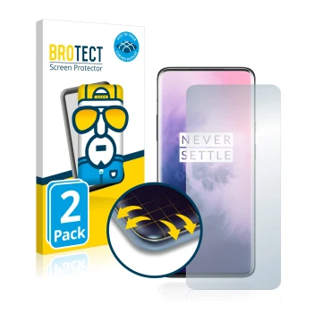 Vorderseite einer Produktverpackung mit dem Markenlogo BROTECT. Daneben ist das Gerät OnePlus 7 Pro mit dem zugehörigen Displa