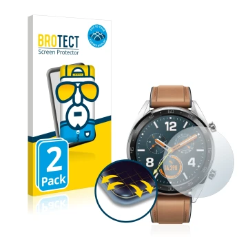Vorderseite einer Produktverpackung mit dem Markenlogo BROTECT. Daneben ist das Gerät Huawei Watch GT Classic mit dem zugehöri