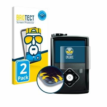Vorderseite einer Produktverpackung mit dem Markenlogo BROTECT. Daneben ist das Gerät Medtronic Minimed 640G mit dem zugehörig
