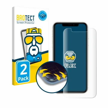 Vorderseite einer Produktverpackung mit dem Markenlogo BROTECT. Daneben ist das Gerät Apple iPhone 11 mit dem zugehörigen Disp