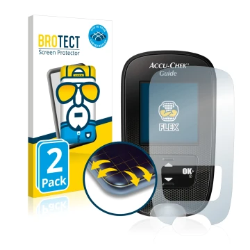Vorderseite einer Produktverpackung mit dem Markenlogo BROTECT. Daneben ist das Gerät Accu-Chek Guide mit dem zugehörigen Disp