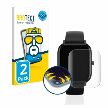 Vorderseite einer Produktverpackung mit dem Markenlogo BROTECT. Daneben ist das Gerät Huami Amazfit GTS mit dem zugehörigen Di