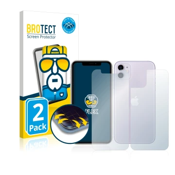 Vorderseite einer Produktverpackung mit dem Markenlogo BROTECT. Daneben ist das Gerät Apple iPhone 11 (Display+Rückseite) mit 