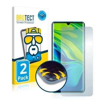 Vorderseite einer Produktverpackung mit dem Markenlogo BROTECT. Daneben ist das Gerät Xiaomi Mi Note 10 mit dem zugehörigen Di