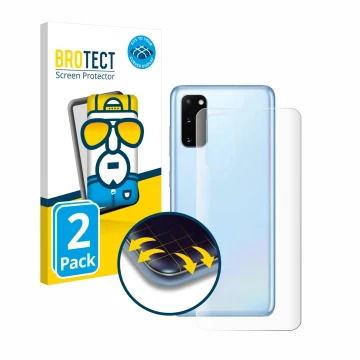Vorderseite einer Produktverpackung mit dem Markenlogo BROTECT. Daneben ist das Gerät Samsung Galaxy S20 (Rückseite) mit dem z