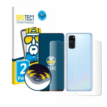 Vorderseite einer Produktverpackung mit dem Markenlogo BROTECT. Daneben ist das Gerät Samsung Galaxy S20 (Display+Rückseite) m