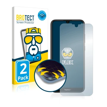 Vorderseite einer Produktverpackung mit dem Markenlogo BROTECT. Daneben ist das Gerät Honor 8A mit dem zugehörigen Displayschu