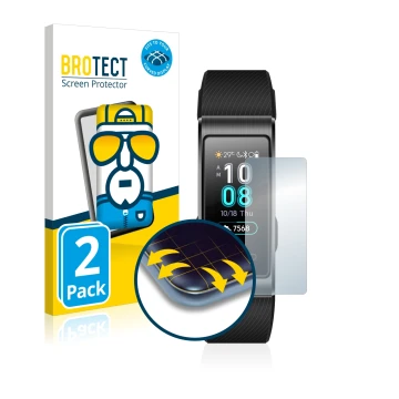 Vorderseite einer Produktverpackung mit dem Markenlogo BROTECT. Daneben ist das Gerät Huawei Band 4 Pro mit dem zugehörigen Di