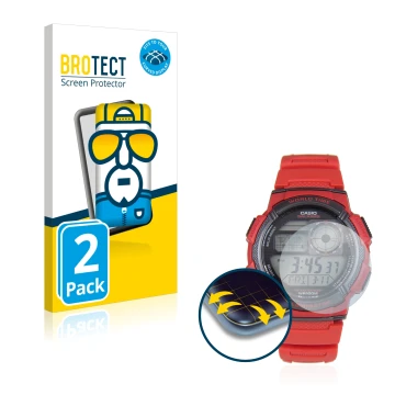 Vorderseite einer Produktverpackung mit dem Markenlogo BROTECT. Daneben ist das Gerät Casio AE-1000W mit dem zugehörigen Displ