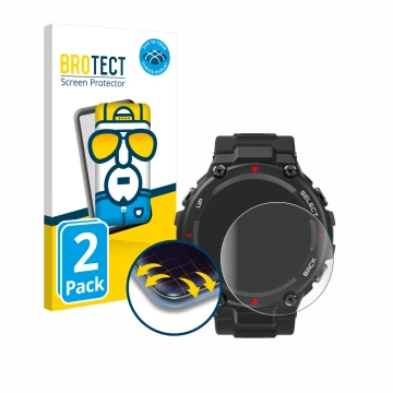 Vorderseite einer Produktverpackung mit dem Markenlogo BROTECT. Daneben ist das Gerät Huami Amazfit T-Rex mit dem zugehörigen 