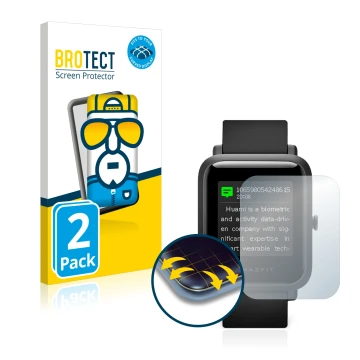 Vorderseite einer Produktverpackung mit dem Markenlogo BROTECT. Daneben ist das Gerät Huami Amazfit Bip S mit dem zugehörigen 
