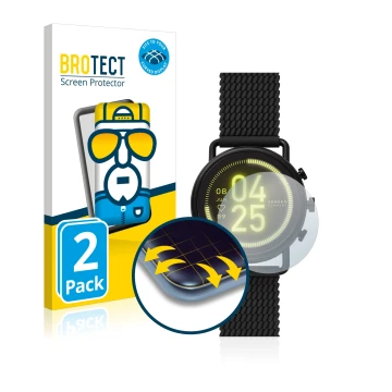 Vorderseite einer Produktverpackung mit dem Markenlogo BROTECT. Daneben ist das Gerät Skagen Smartwatch Falster 3 mit dem zuge