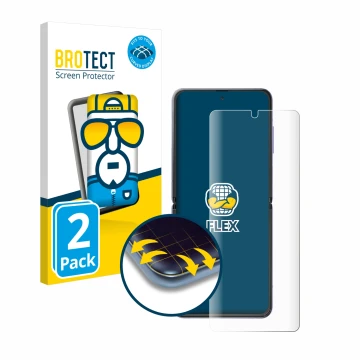 Vorderseite einer Produktverpackung mit dem Markenlogo BROTECT. Daneben ist das Gerät Samsung Galaxy Z Flip mit dem zugehörige