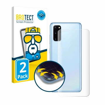Vorderseite einer Produktverpackung mit dem Markenlogo BROTECT. Daneben ist das Gerät Samsung Galaxy S20 5G (Rückseite) mit de