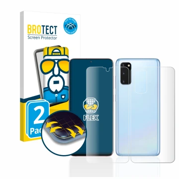 Vorderseite einer Produktverpackung mit dem Markenlogo BROTECT. Daneben ist das Gerät Samsung Galaxy S20 5G (Display+Rückseite