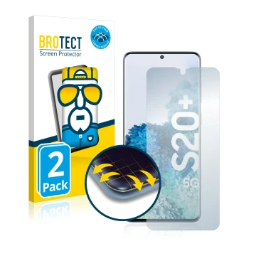 Vorderseite einer Produktverpackung mit dem Markenlogo BROTECT. Daneben ist das Gerät Samsung Galaxy S20 Plus 5G mit dem zugeh