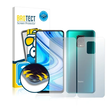 Vorderseite einer Produktverpackung mit dem Markenlogo BROTECT. Daneben ist das Gerät Xiaomi Redmi Note 9 Pro (Display+Rücksei