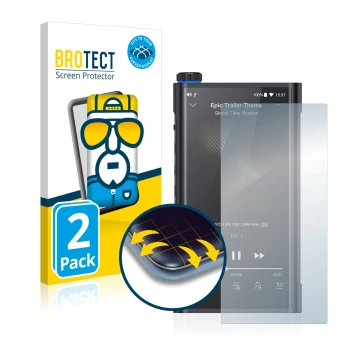 Vorderseite einer Produktverpackung mit dem Markenlogo BROTECT. Daneben ist das Gerät FiiO M15 mit dem zugehörigen Displayschu