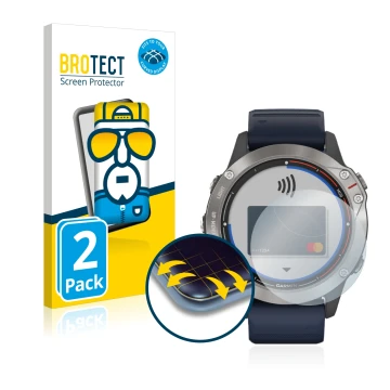 Vorderseite einer Produktverpackung mit dem Markenlogo BROTECT. Daneben ist das Gerät Garmin quatix 6 mit dem zugehörigen Disp