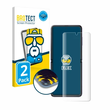 Vorderseite einer Produktverpackung mit dem Markenlogo BROTECT. Daneben ist das Gerät Samsung Galaxy Z Flip 5G mit dem zugehör