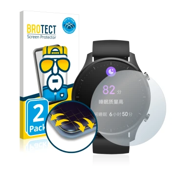 Vorderseite einer Produktverpackung mit dem Markenlogo BROTECT. Daneben ist das Gerät Xiaomi Mi Watch Revolve mit dem zugehöri