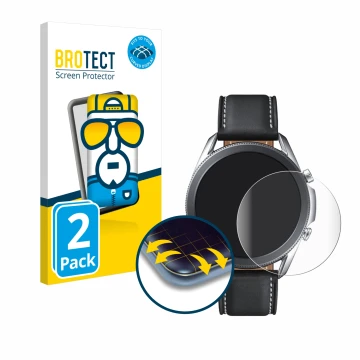 Vorderseite einer Produktverpackung mit dem Markenlogo BROTECT. Daneben ist das Gerät Samsung Galaxy Watch 3 (45mm) mit dem zu