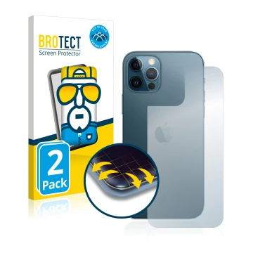 Vorderseite einer Produktverpackung mit dem Markenlogo BROTECT. Daneben ist das Gerät Apple iPhone 12 Pro (Rückseite) mit dem 