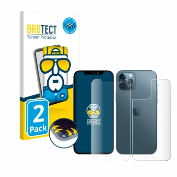 Vorderseite einer Produktverpackung mit dem Markenlogo BROTECT. Daneben ist das Gerät Apple iPhone 12 Pro (Display+Rückseite) 