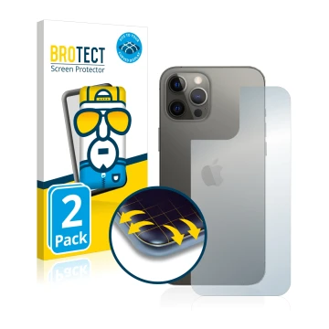 Vorderseite einer Produktverpackung mit dem Markenlogo BROTECT. Daneben ist das Gerät Apple iPhone 12 Pro Max (Rückseite) mit 
