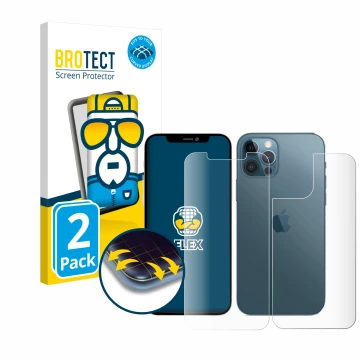 Vorderseite einer Produktverpackung mit dem Markenlogo BROTECT. Daneben ist das Gerät Apple iPhone 12 Pro Max (Display+Rücksei