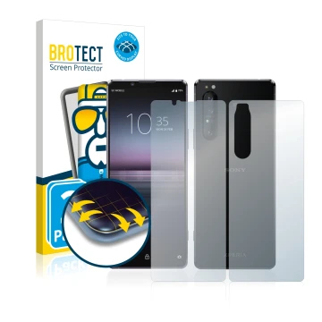 Vorderseite einer Produktverpackung mit dem Markenlogo BROTECT. Daneben ist das Gerät Sony Xperia 1 II (Display+Rückseite) mit