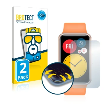 Vorderseite einer Produktverpackung mit dem Markenlogo BROTECT. Daneben ist das Gerät Huawei Watch Fit mit dem zugehörigen Dis