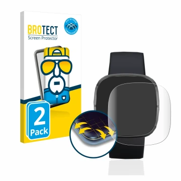 Vorderseite einer Produktverpackung mit dem Markenlogo BROTECT. Daneben ist das Gerät Fitbit Sense mit dem zugehörigen Display
