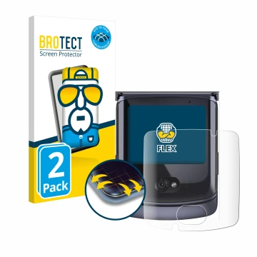 Vorderseite einer Produktverpackung mit dem Markenlogo BROTECT. Daneben ist das Gerät Motorola Razr 5G 2020 (Vorderes Display)