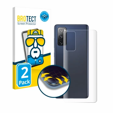 Vorderseite einer Produktverpackung mit dem Markenlogo BROTECT. Daneben ist das Gerät Samsung Galaxy S20 FE 5G (Rückseite) mit